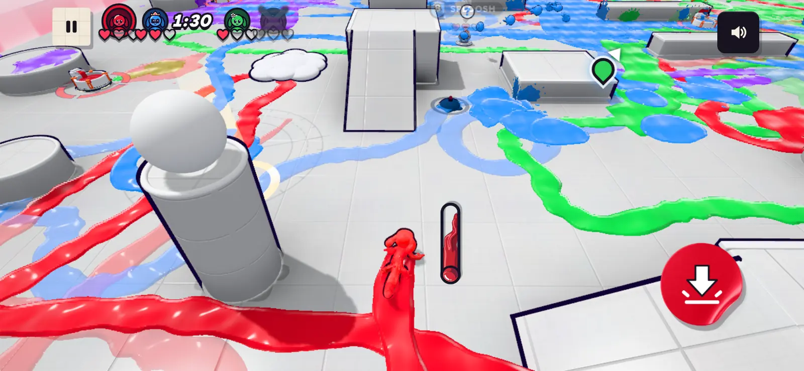 A Showdown on Blank Canvas, held sideways: four colors of paint everywhere, with each player’s hearts along the top.